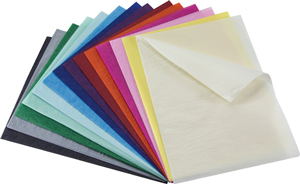 Papel seda de colores para manualidades en paquetes de 25 hojas de 50 x 76 cm.