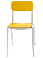 Silla escolar con asiento y respaldo de madera en amarillo y estructura metálica de acero en blanco