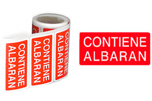 200 etiquetas adhesivas en rollo color rojo con texto CONTIENE ALBARAN en blanco Apli