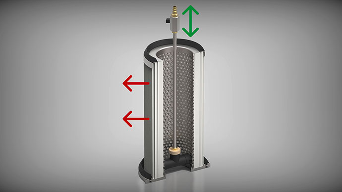 La boquilla de limpieza del filtro de pulso-jet integrada permite limpiar fácilmente los cartuchos de filtración de larga duración