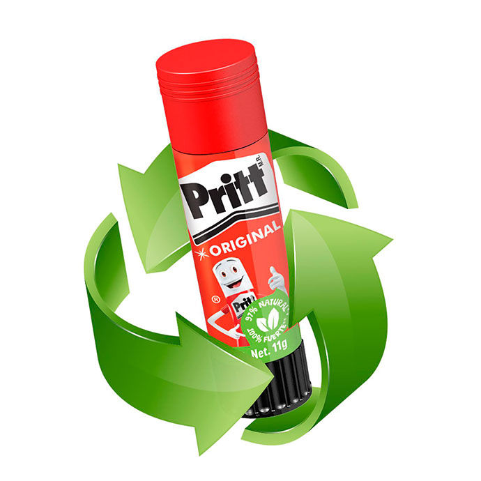 El pegamento en barra Pritt está compuesto por un 97% de ingredientes naturales y un cuerpo fabricado con un 40% de plástico reciclado. 