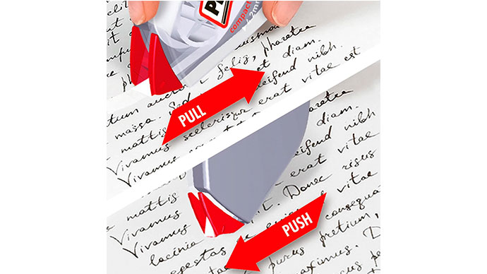 Con el corrector Pritt Compact Flex podrás corregir de dos formas diferente, deslizando cuando quieras corregir una frase o presionando para corregir una sola letra.