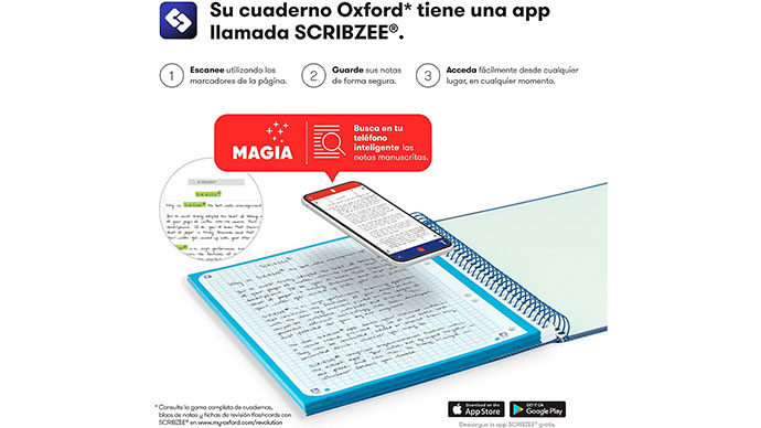 El cuaderno Europeanbooks 5 de Oxford es compatible con al APP gratuita Scribzee, que permite escanear todas tus notas manuscritas digitalizadas en el móvil, ordenador o tablet para poder consultarlas, organizarlas  y compartirlas cuando y donde quieras.
