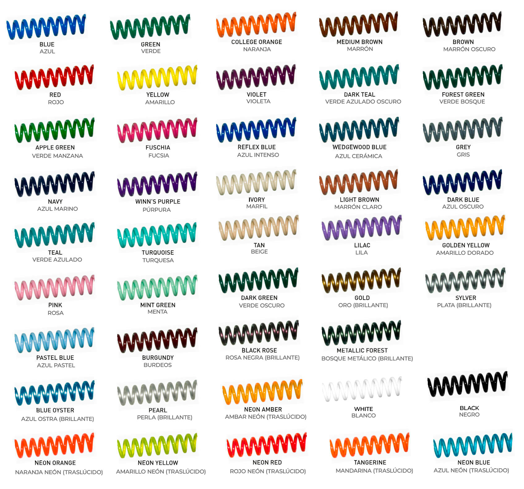 Colores disponibles en espiral de plástico