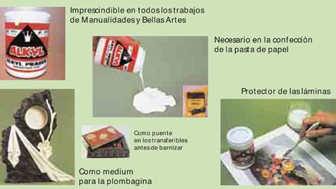 Multiusos El Alkyl Prager es indispensable para uso escolar y para manualidades ya que se puede utilizar como ligante para pastas de papel, craquelador, imprimación, tapa poros para aplicar pintura o polvos, protector de láminas, adhesivo, barniz brillante, laca, para trabajar masas de pasta de papel, puzzles...
