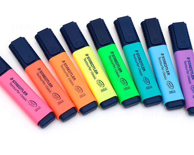 8 colores fluorescentes diferentes El rotulador fluorescente Staedtler 364 dispone de 8 colores variados para todo tipo de papeles normales y especiales.