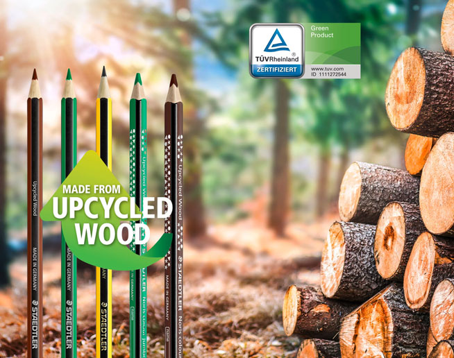 Madera reciclada En Staedtler desarrollan desde hace más de diez años un proceso destinado a introducir el upcycling o suprarreciclaje en sus lápices que se fabrican a partir de las virutas de madera que se obtienen en los procesos de aserrado y cepillado de la industria maderera.