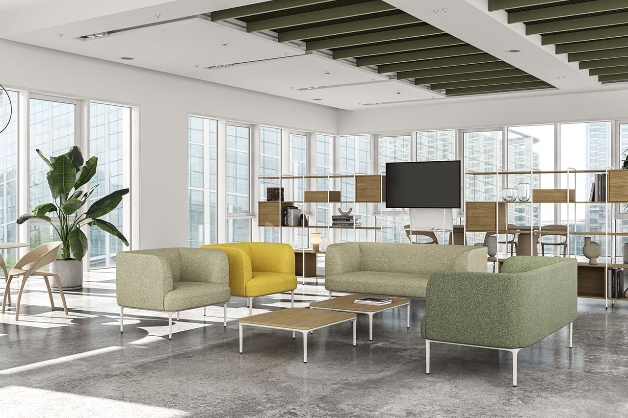 Colección Cuic Actiu: sofás y sillones de diseño funcional y adaptable Sofás Cuic Actiu soft seating con mesas bajas, sillas Bee y estantería