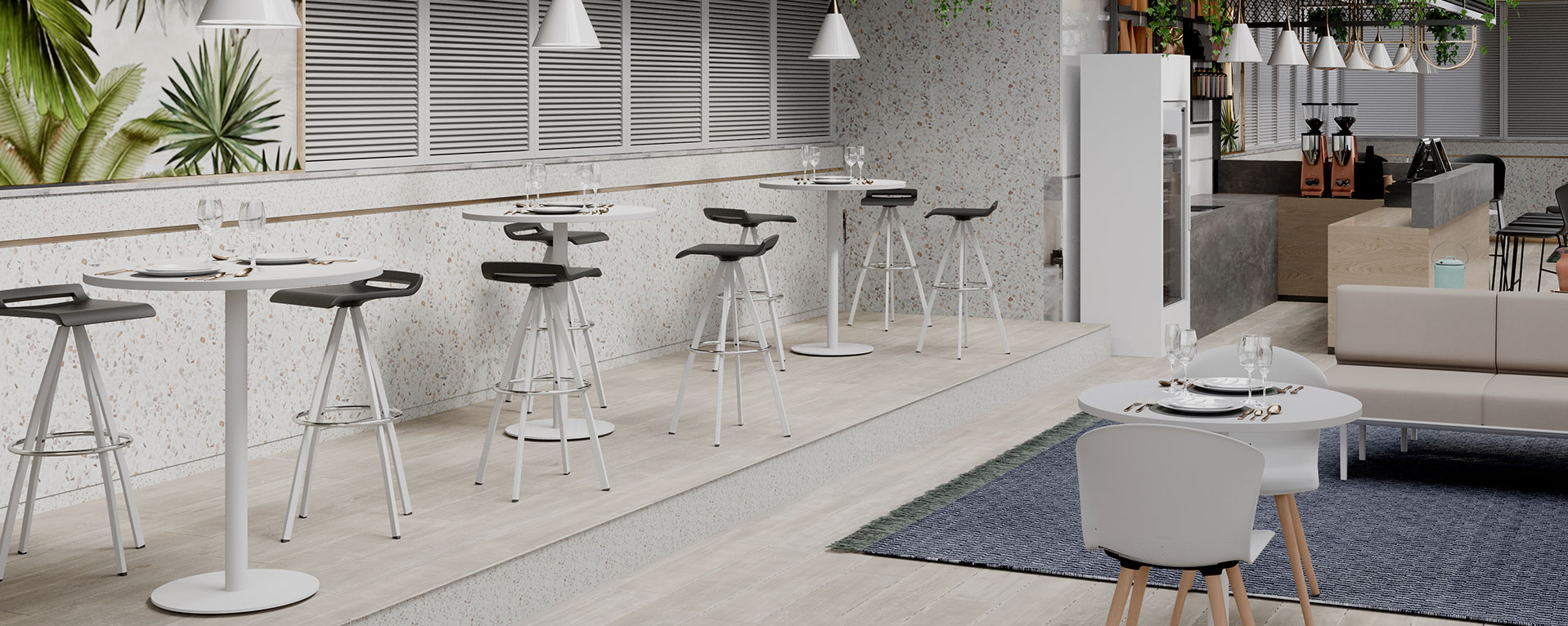 Colección de taburetes fijos Mit con carcasa de asiento sin respaldo foamizada y base de cuatro patas de acero en barra de restaurante Taburetes fijos con pata de acero y sin respaldo Mit de Actiu