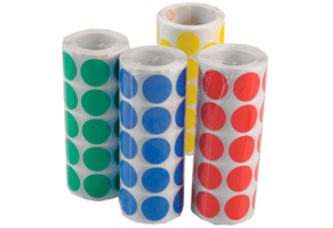 Rollos de pegatinas de colores tipo gomets con forma de círculo
