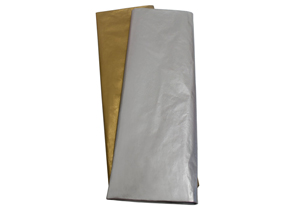 Papel seda en acabados metalizados oro y plata para manualidades en paquetes de 25 hojas de 50 x 76 cm.