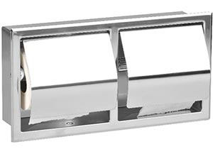 Dispensador con dos portarrollos en horizontal para rollos de papel higiénico estándar doméstico fabricado en acero inoxidable brillante para empotrar en la pared