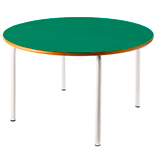Mesa escolar redonda con patas blancas y superficie verde