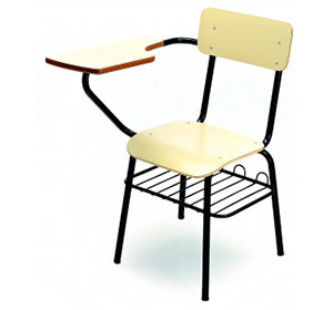 Silla escolar para aula didáctica de formación con pala de escritura y rejilla inferior portadocumjentos, estructura de tubo de acero y respaldo y asiento de madera lacada en crema, verde hierba o madera de haya