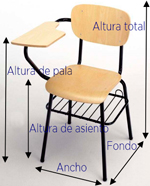 Medidas de silla-pupitre escolar con asiento, pala de escritura y respaldo de madera de haya