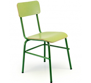 Silla escolar para aula didáctica de formación con diseño para pupitre, estructura de tubo de acero y respaldo y asiento de madera lacada en crema, verde hierba o madera de haya