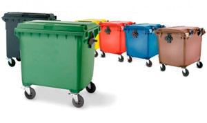 Contenedor de reciclaje de plástico de 4 ruedas con 1100 litros de capacidad