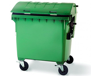 Contenedor de reciclaje de plástico de 4 ruedas con 1100 litros de capacidad y doble tapa curva
