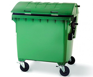 Contenedor de reciclaje de plástico con doble tapa curva de 4 ruedas con 1100 litros de capacidad Contenedor de reciclaje de plástico de 4 ruedas con 1100 litros de capacidad y doble tapa curva