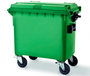 Contenedor de reciclaje de plástico de 4 ruedas con 600 litros de capacidad