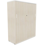 Armario Actiu con puertas correderas en madera color acacia y tapa superior blanca