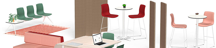 Espacios de espera, reunión, trabajo, estudio, formación o concentración separados mediante mamparas verticales de diseño fonoabsorbente tapizado 360º