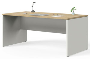 Mesa Ofimat Plus con estructura de tres apoyos en blanco y superficie de madera