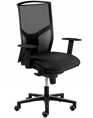 Silla de oficina con ruedas, brazos, respaldo ergonómico de malla transpirable negra y asiento tapizado en negro Atika