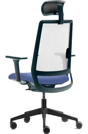Silla de oficina con ruedas, brazos, respaldo ergonómico de malla transpirable blanca y asiento tapizado en azul antracita Sense de Forma 5