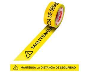 Cinta adhesiva Instant amarilla con mensaje de mantenga la distancia de seguridad
