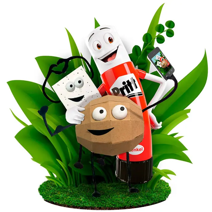  Mascota de Pritt mostrando fórmula segura con patata, azúcar y agua para niños