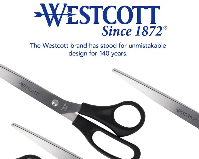 Detalle de la marca Westcott en tijeras de oficina de 25 cm