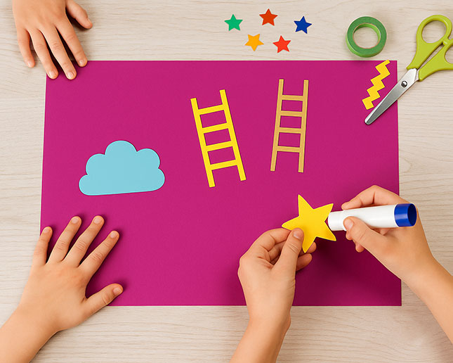 Niños decorando cartulina grande