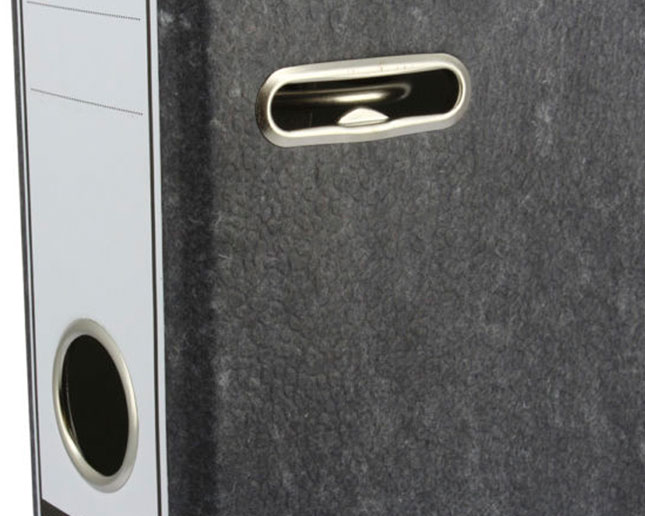 Cartón pigmentado reciclable con acabado jaspeado en archivador Ecoclassic