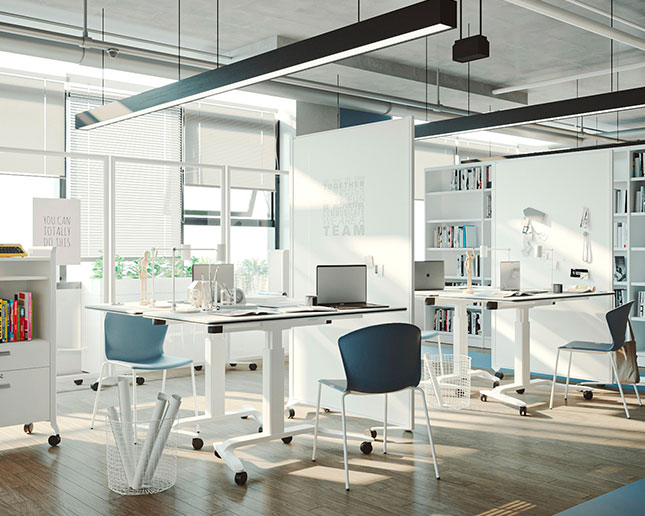 Mesas elevables y abatibles Talent 500 Actiu en oficina técnica polivalente con sillas Whass y divisorias