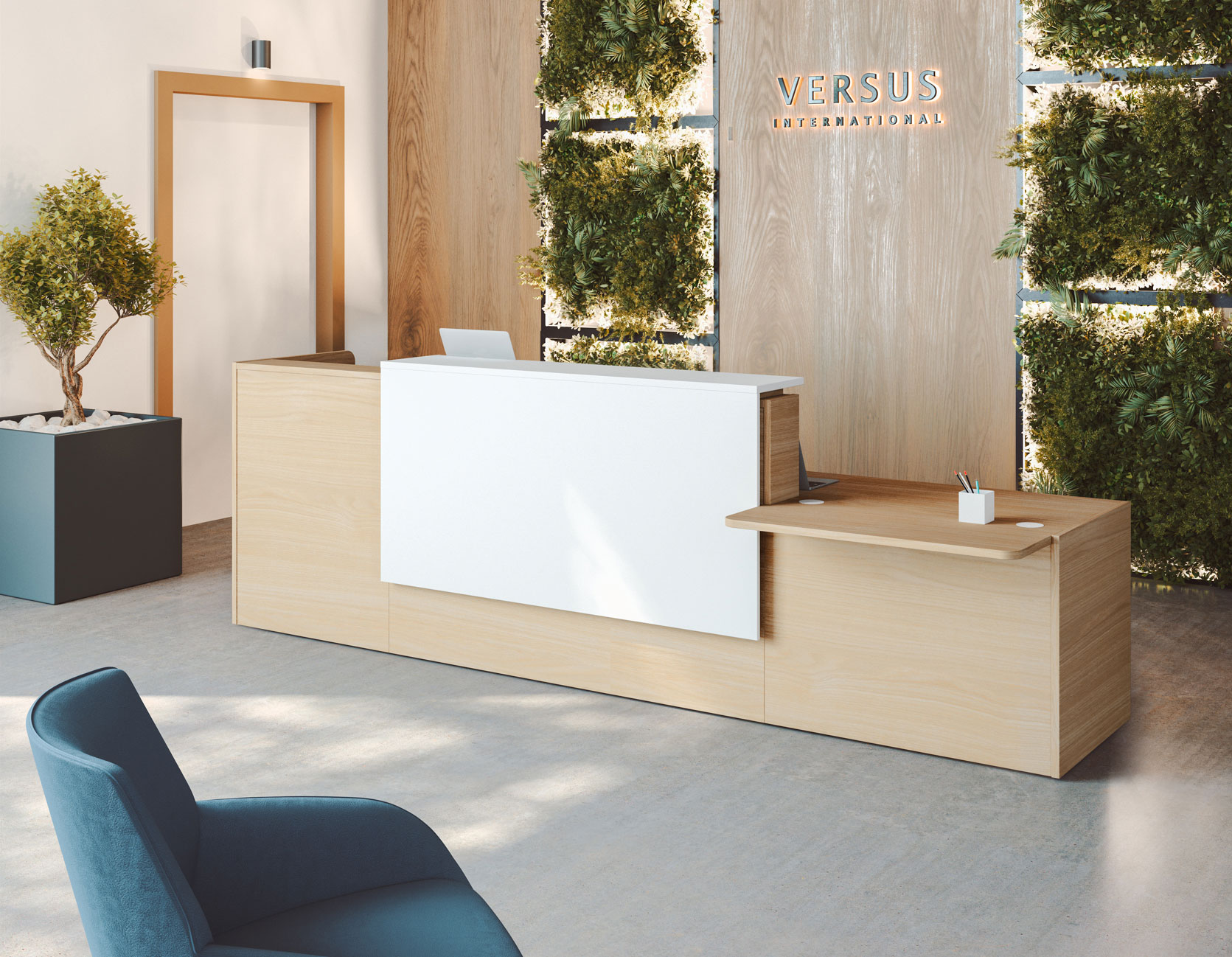 Mostrador Ofimat Plus en madera y blanco para espacios de recepción elegantes