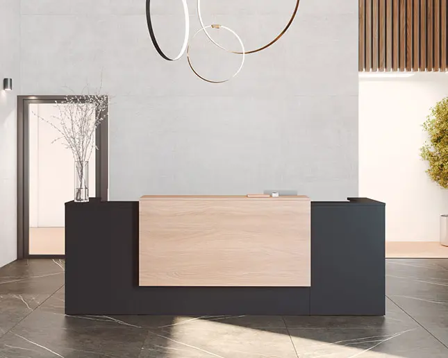 Mostrador Ofimat Plus con acabados personalizables y complementos opcionales para oficinas
