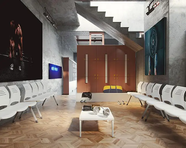 Bancada Spacio Actiu blanca en zona de espera de gimnasio