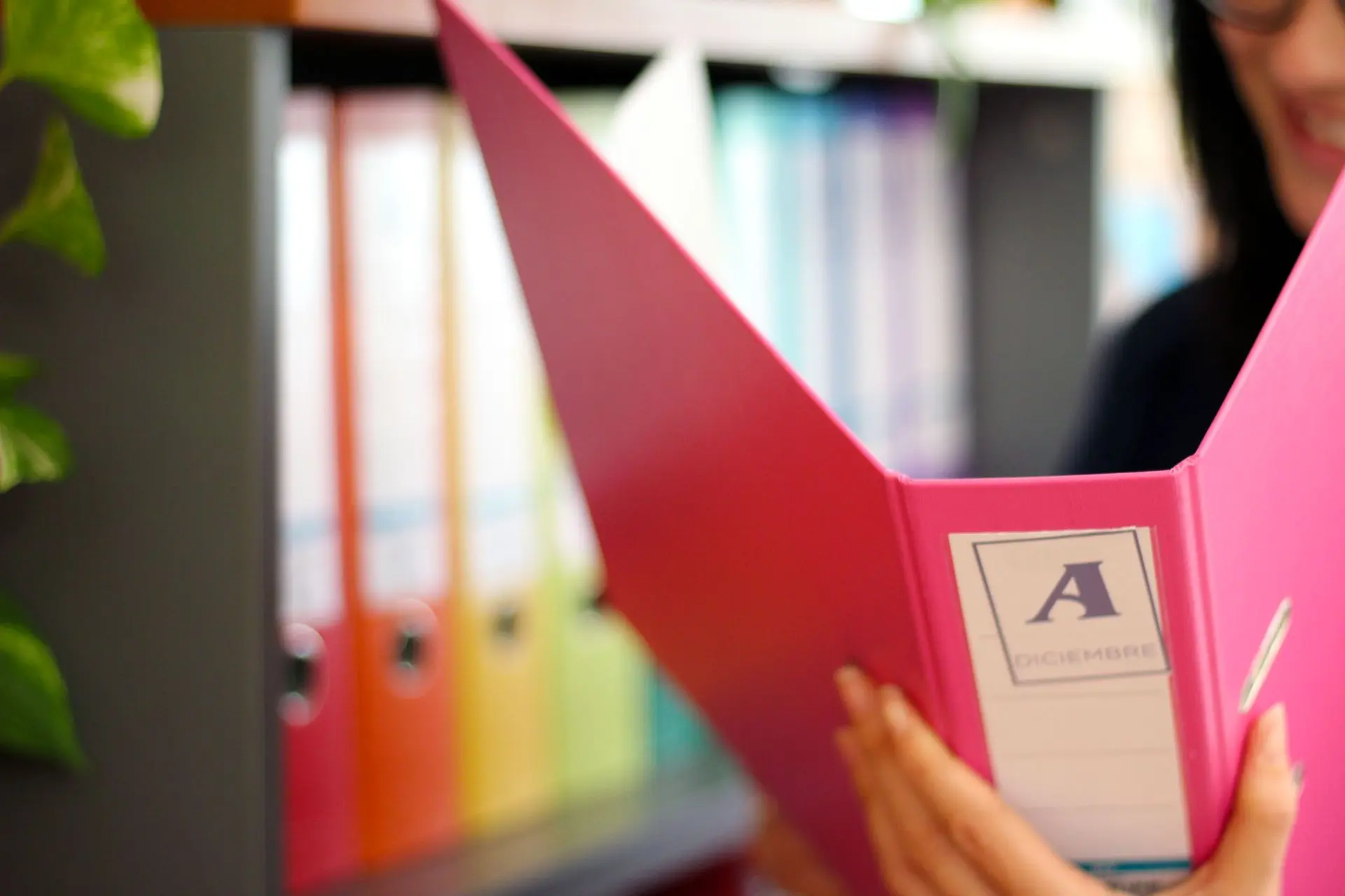 Mano de mujer sujetando archivador Elba