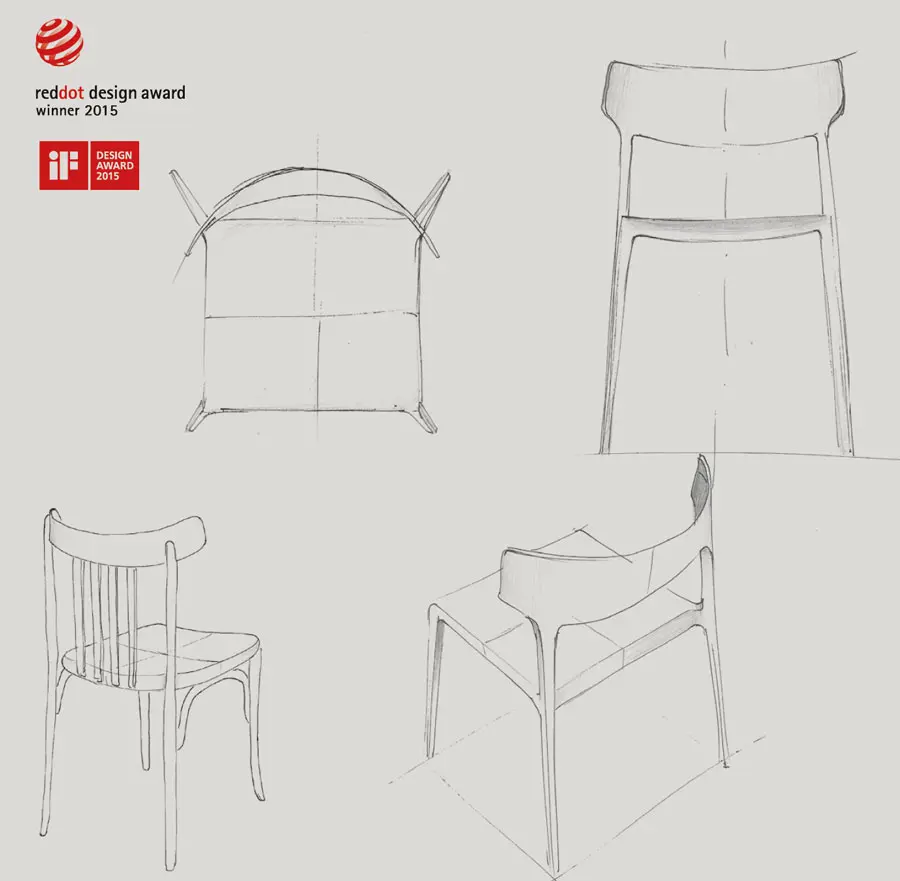 Bocetos de la silla, galardonada con el reddot design award