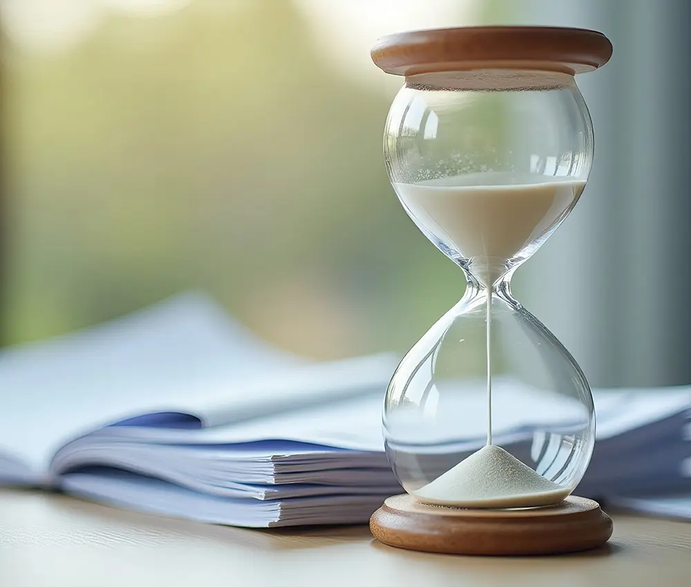 Reloj de arena muestra como se reduce el tiempo con la destructora automática HSM Autofeed X200 alimentación automática de papel para oficina