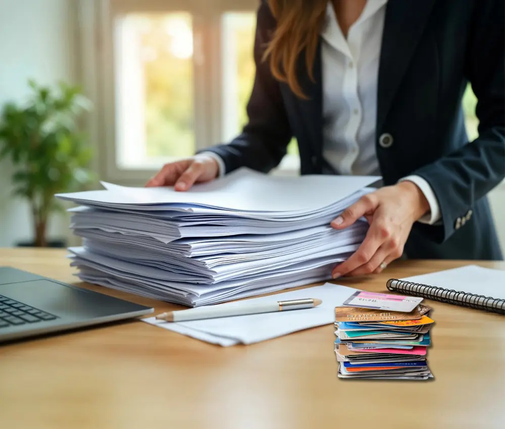 Pila de papel y tarjetas en oficina para destructora de documentos HSM shredstar Autofeed X200 destruyendo papel grapado y tarjetas de cliente