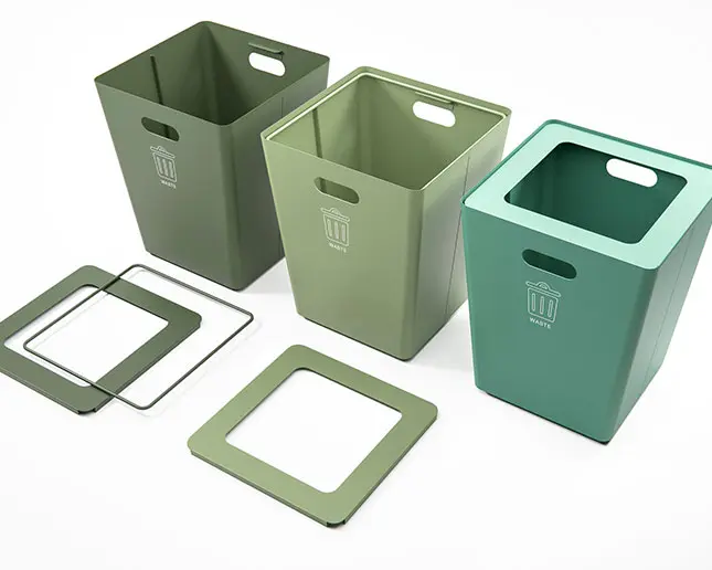 Papelera metálica desmontable con aro interior y tapa extraíble para oficina