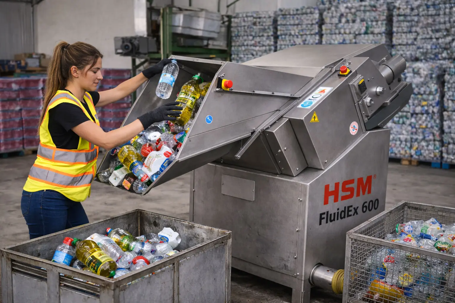 Mujer reciclando botellas de plástico en almacén de reciclaje