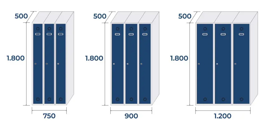Esquema medidas taquilla 3 módulos de 1 puerta