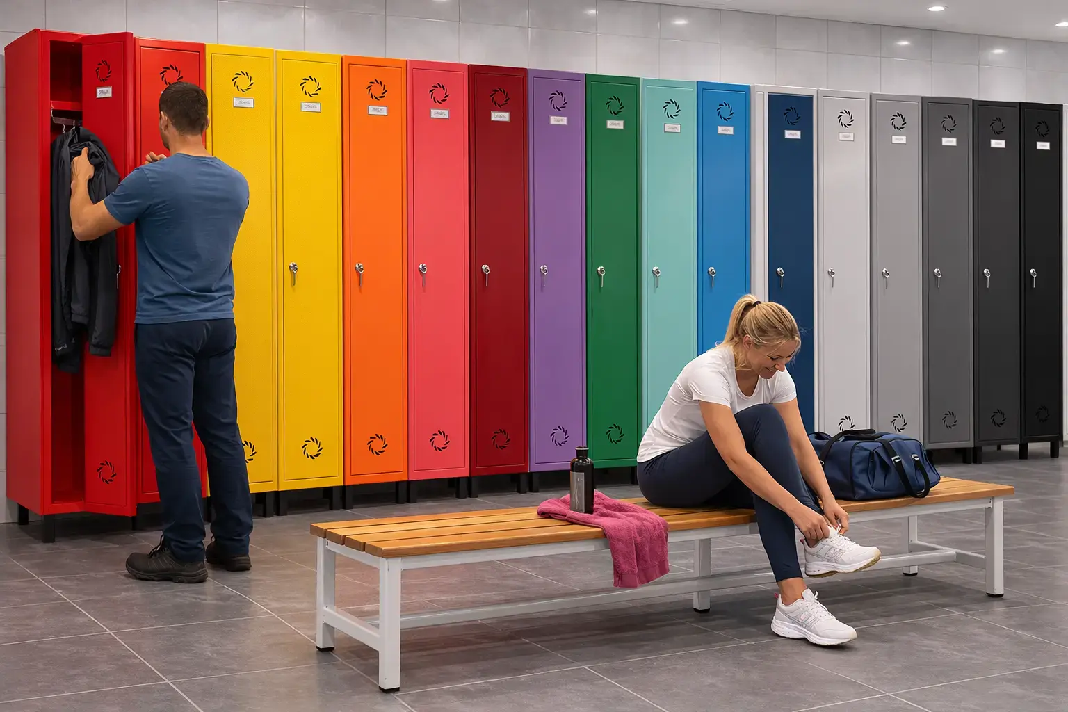 Taquillas metálicas con múltiples compartimentos y de puertas cerradas con llave para separar los efectos personales y ropa en vestuarios