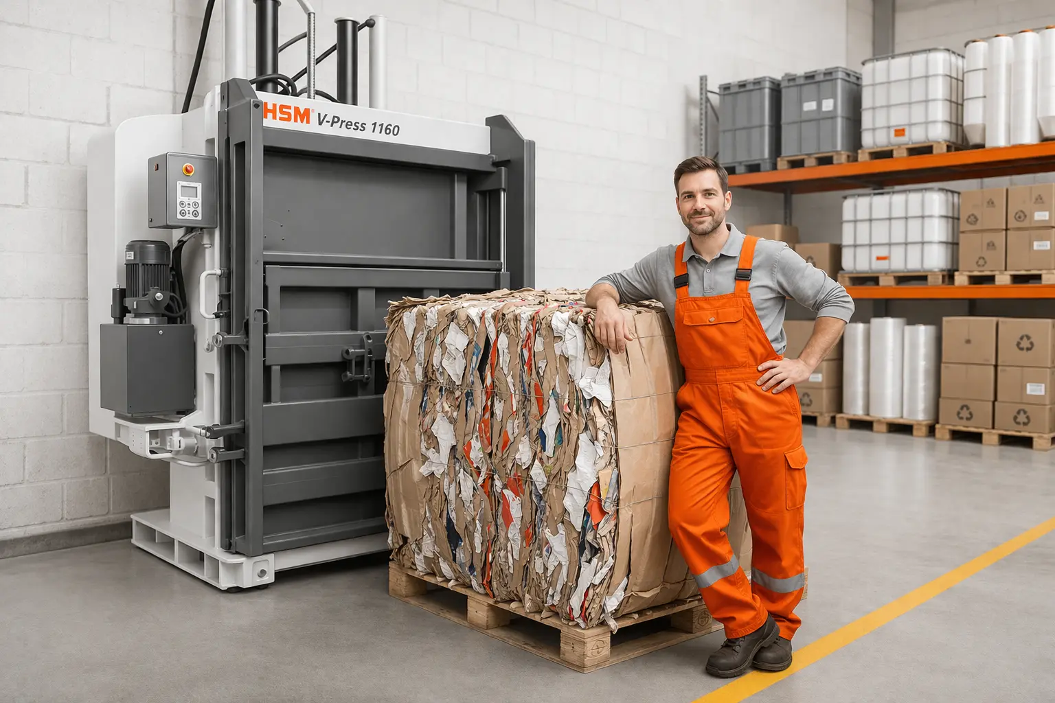 prensa compactadora de residuos con operario en entorno industrial para empresas