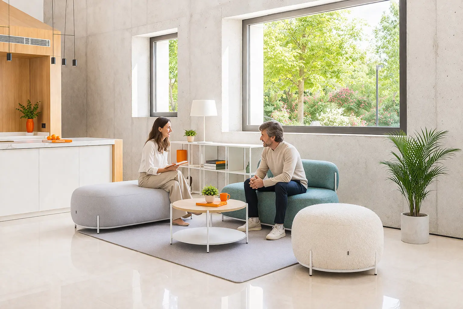 Colección de asientos modulares con diseño orgánico y líneas sinuosas inspiradas en globos, combinables entre sí para crear composiciones creativas y únicas, con mesitas a juego de estética fluida
