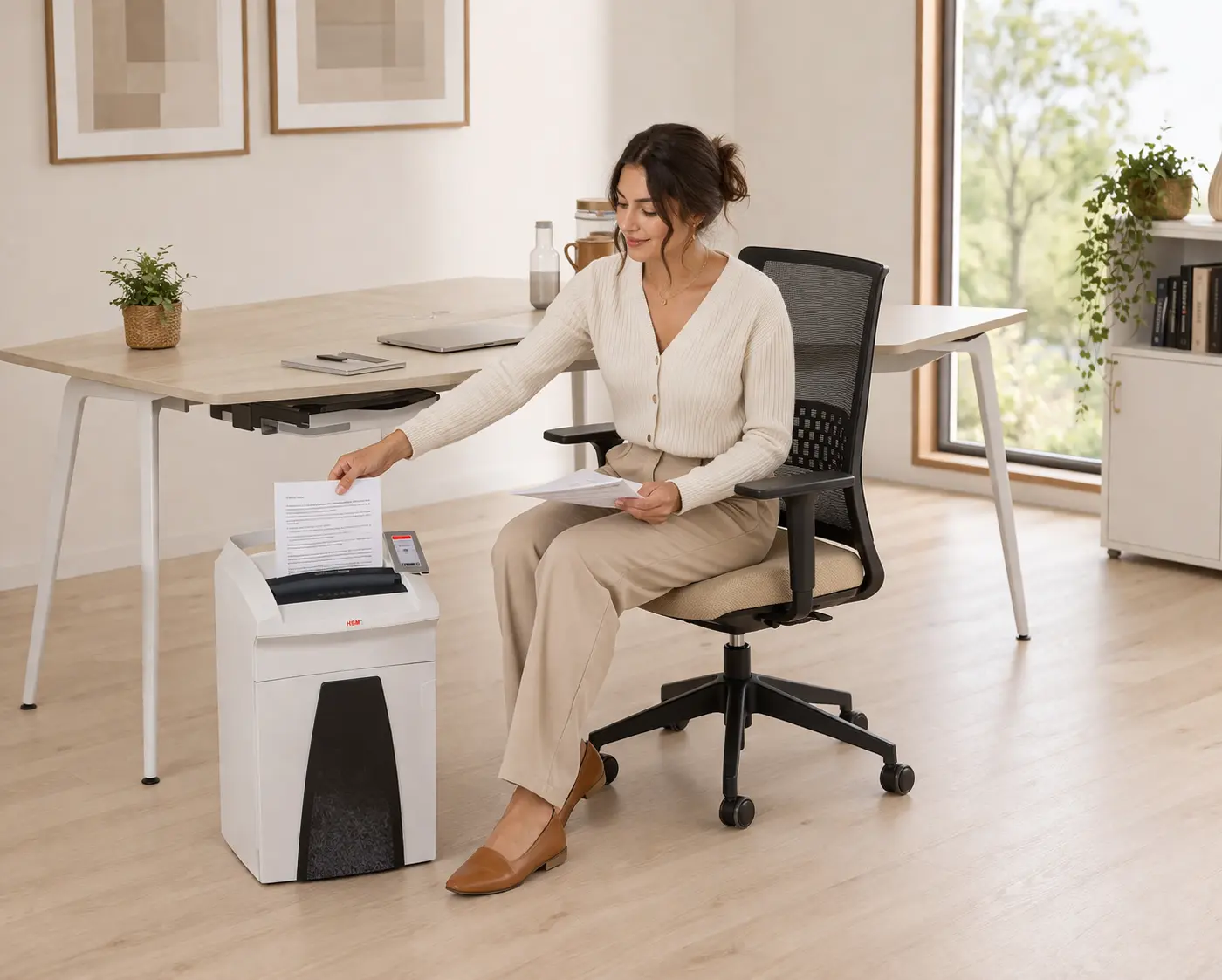 Chica destruyendo documentos en su despacho de diseño