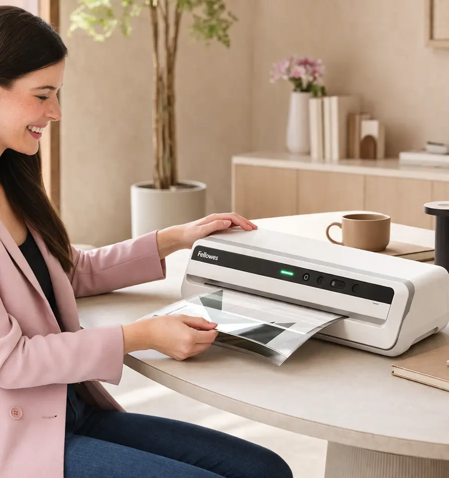 Mujer plastificando en oficina de diseño